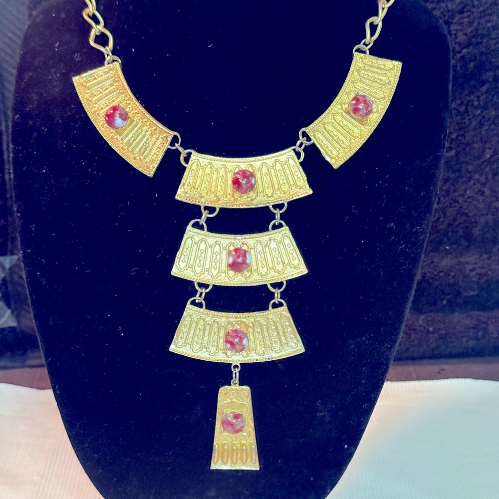 FABULOUS Vtg Egyptian Revival Semi-Precious Stone Statement/Runway Necklace